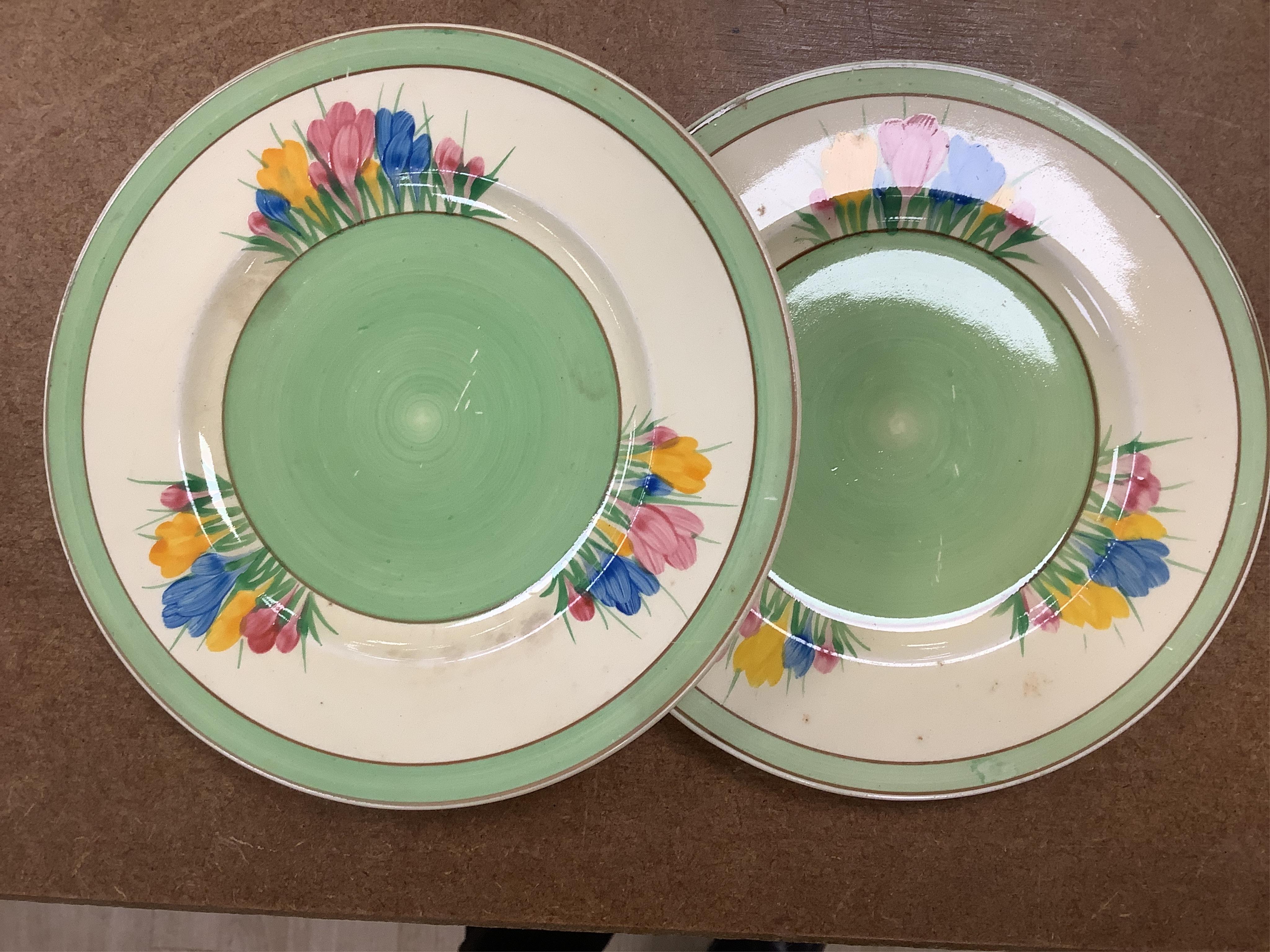 Collection of Clarice Cliff crocus pattern tea wares to include trios, milk jug, and a bowl, largest 22cm in diameter